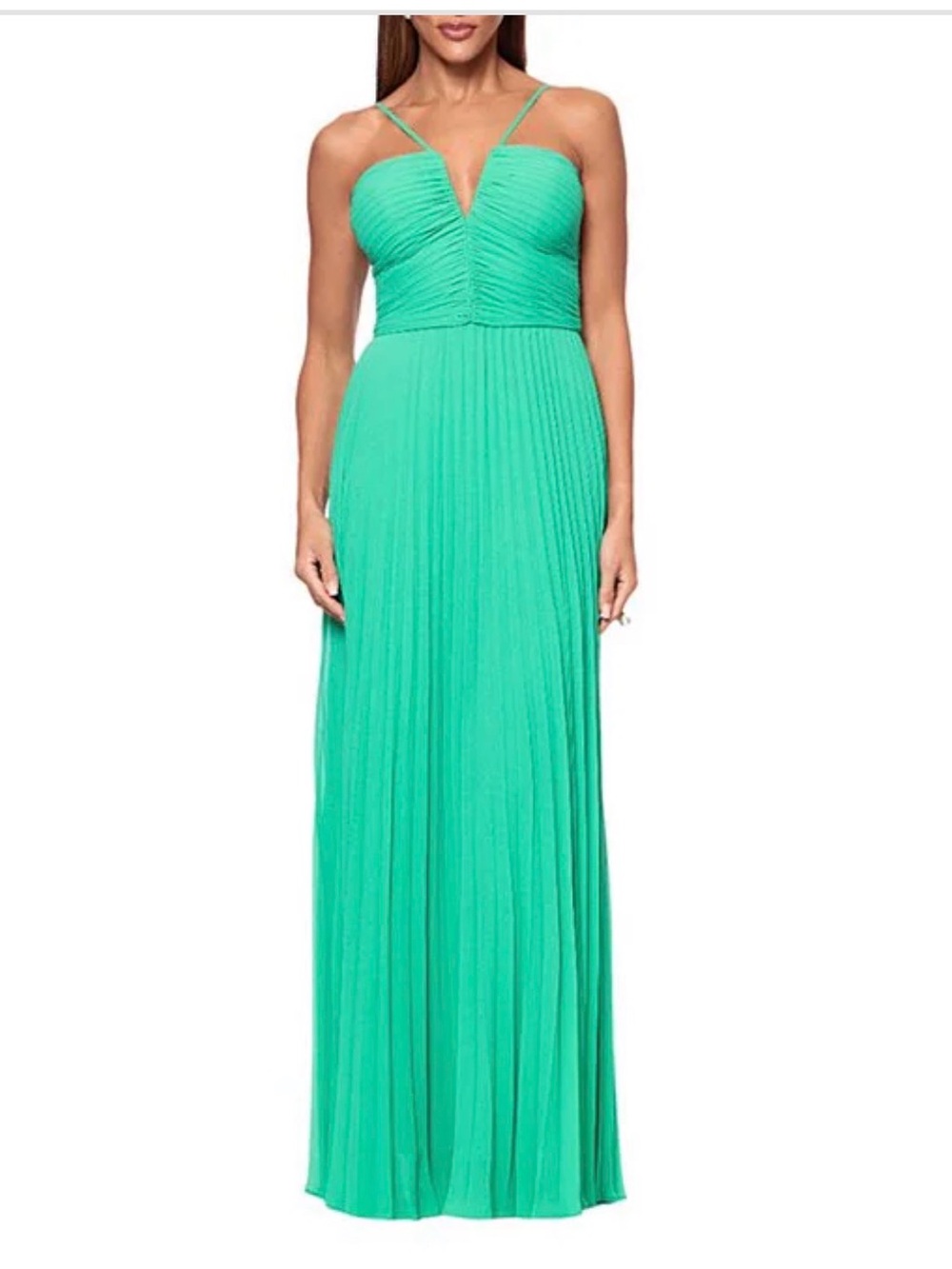 Xscape Emerald Green Pleated Chiffon Split V-Neck Sleeveless A-Line Gown